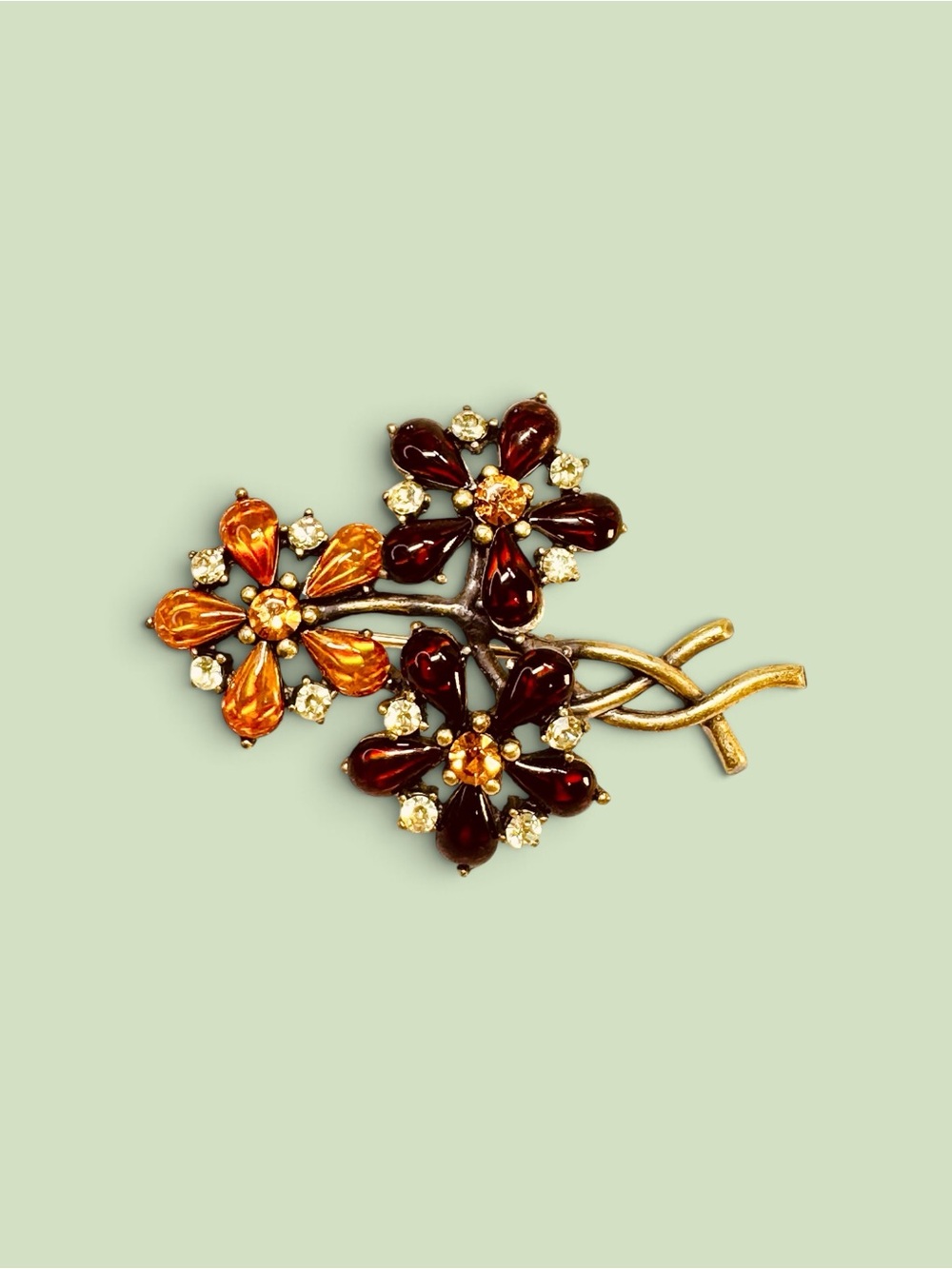 Vintage Amber & Garnet Flower Brooch